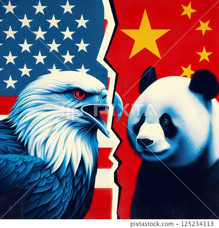 Bald Eagle vs Panda on Torn National Flags Representing Geopolitical Rivalry for Symbolic US China Conflict with Generative AI. 125234113