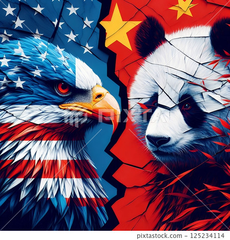 Bald Eagle vs Panda on Torn National Flags Representing Geopolitical Rivalry for Symbolic US China Conflict with Generative AI. Bald Eagle vs Panda on Torn National Flags Representing Geopolitical Rivalry for Symbolic US China Conflict with Generative AI. 125234114