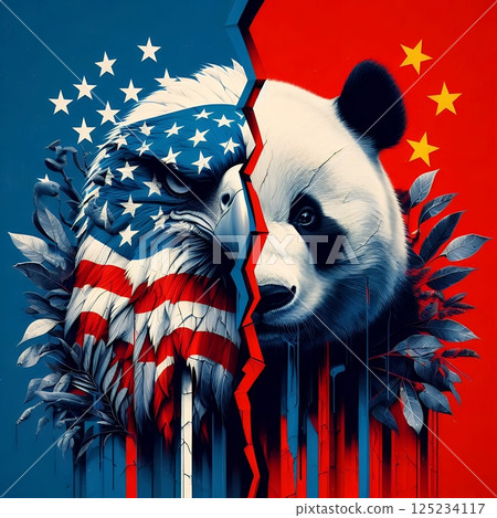 Bald Eagle vs Panda on Torn National Flags Representing Geopolitical Rivalry for Symbolic US China Conflict with Generative AI. Bald Eagle vs Panda on Torn National Flags Representing Geopolitical Rivalry for Symbolic US China Conflict with Generative AI. 125234117