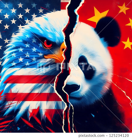 Bald Eagle vs Panda on Torn National Flags Representing Geopolitical Rivalry for Symbolic US China Conflict with Generative AI. 125234120