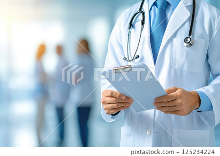 Professional healthcare worker holding a clipboard, preparing for a consultation, with blurred colleagues in the background, in a modern medical facility environment Professional healthcare worker holding a clipboard, preparing for a consultation, with blurred colleagues in the background, in a modern medical facility environment 125234224