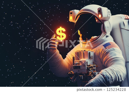 Futuristic Concept of Astronaut Touching Glowing Dollar Sign Surrounded by Floating Coins in Zero Gravity Space Environment 125234228