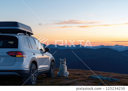 Scenic Overlook with Dog and Parked Car at Sunset 125234230