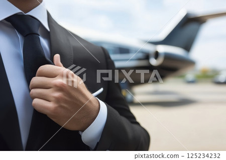 Chauffeur Adjusting Tie While Standing Near Luxury Private Jet on Tarmac 125234232