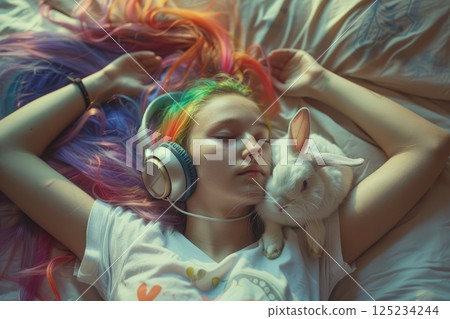 Tranquil Teenage Girl with Colorful Hair Listening to Music on Bed with Pet Rabbit, Concept of Quiet Companionship 125234244