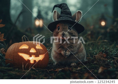 Adorable Chinchilla in a Witch Hat by a Pumpkin 125234245