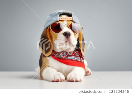 Adorable Chubby Beagle Puppy Wearing Colorful Bandana and Stylish Sunglasses Adorable Chubby Beagle Puppy Wearing Colorful Bandana and Stylish Sunglasses 125234246