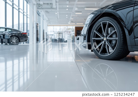 Sleek Car in Modern Showroom with Cityscape View Sleek Car in Modern Showroom with Cityscape View 125234247