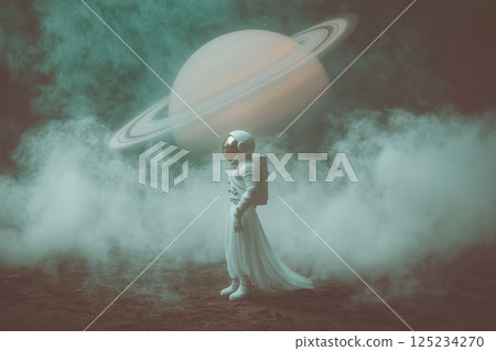 Astronaut Standing on Alien Surface with Saturn and Clouds in Futuristic Setting 125234270