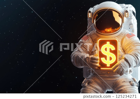 Astronaut Holding Glowing Dollar Sign in Space with Neon Coins Floating, 3D Render, Futuristic Financial Concept 125234271