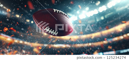 A football soaring through the air toward the net with stadium lights shining brightly 125234274