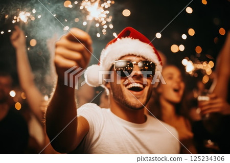 Friends Celebrating with Sparklers at a Festive Party 125234306