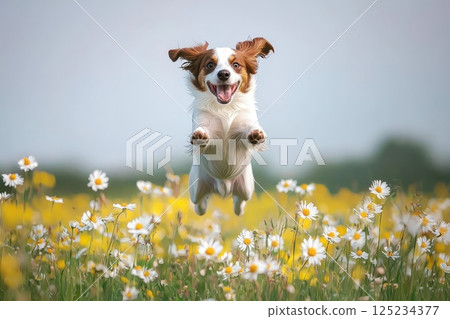 Happy Dog Jumping Through Field of Flowers with Joyful Expression and Playful Energy Happy Dog Jumping Through Field of Flowers with Joyful Expression and Playful Energy 125234377