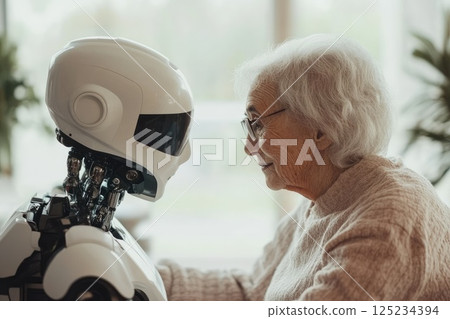 Elderly Woman Interacting with AI Robot Assistant 125234394
