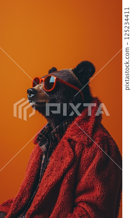 A stylish bear wearing sunglasses and winter suit on color background, Animal funny pop art 125234411