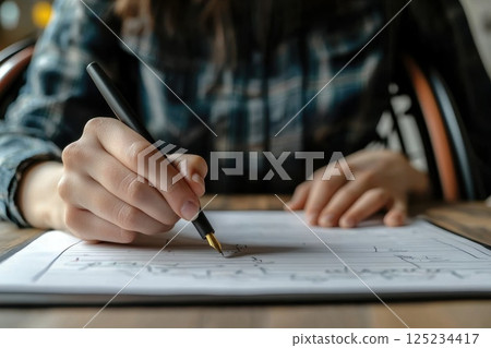 Close-Up Shot of Hands Holding a Pen Writing Over Notes on a Wooden Table 125234417