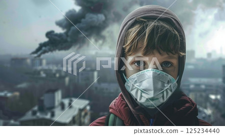 A boy wearing a mask stands in front of a city with smoke in the air 125234440