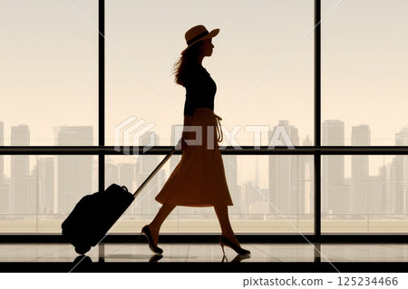 Silhouette of a Traveler from Behind Pulling a Suitcase in an Airport Terminal Silhouette of a Traveler from Behind Pulling a Suitcase in an Airport Terminal 125234466