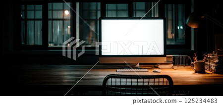 Nighttime Office Setup Featuring Ultra Wide Monitor in Dimly Lit Workspace 125234483