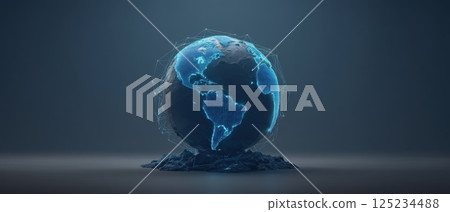 Floating Holographic Earth Over Dark Tech Surface with Glowing Network Connections Floating Holographic Earth Over Dark Tech Surface with Glowing Network Connections 125234488