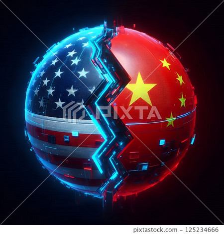 US and China Flags Side by Side in Symbolizing Geopolitical Tensions and Trade Relations with Generative AI. 125234666