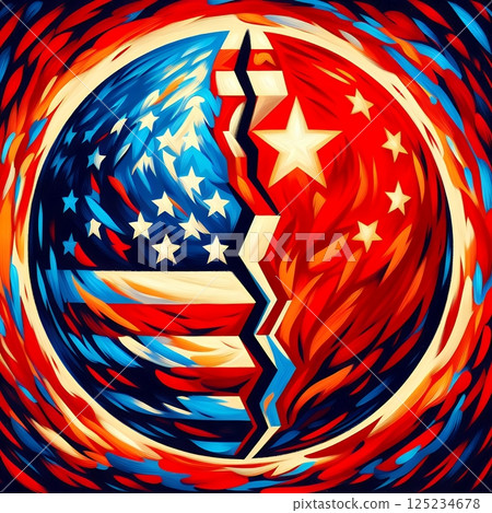 US and China Flags Side by Side in Symbolizing Geopolitical Tensions and Trade Relations with Generative AI. 125234678