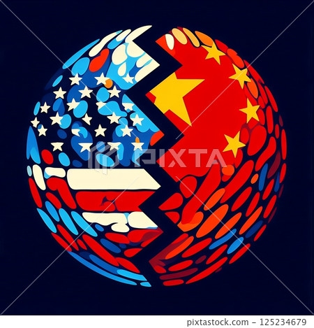 US and China Flags Side by Side in Symbolizing Geopolitical Tensions and Trade Relations with Generative AI. 125234679