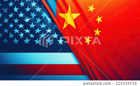 US and China Flags Side by Side in Symbolizing Geopolitical Tensions and Trade Relations with Generative AI. 125234728