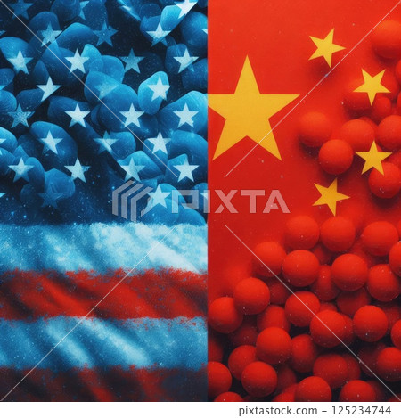US and China Flags Side by Side in Symbolizing Geopolitical Tensions and Trade Relations with Generative AI. 125234744