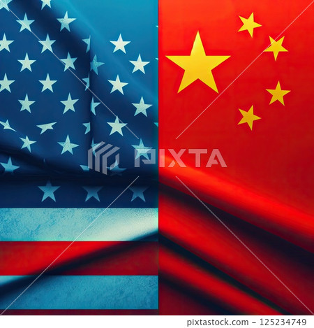 US and China Flags Side by Side in Symbolizing Geopolitical Tensions and Trade Relations with Generative AI. 125234749