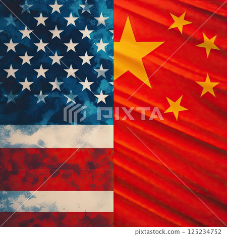 US and China Flags Side by Side in Symbolizing Geopolitical Tensions and Trade Relations with Generative AI. 125234752