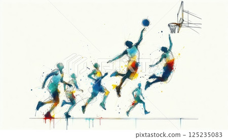 Dynamic Basketball Player Silhouette with Abstract Colorful Splash Art with Generative AI. Dynamic Basketball Player Silhouette with Abstract Colorful Splash Art with Generative AI. 125235083