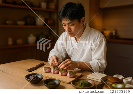 A young Japanese confectioner finishing several sakura mochi A young Japanese confectioner finishing several sakura mochi 125235159