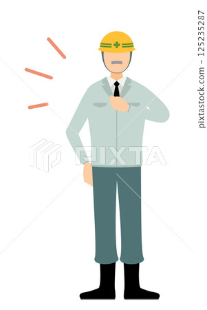 A simple illustration of a male site supervisor wearing a helmet hitting his chest A simple illustration of a male site supervisor wearing a helmet hitting his chest 125235287
