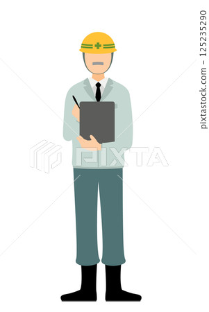 A simple illustration of a man wearing a helmet taking notes 125235290