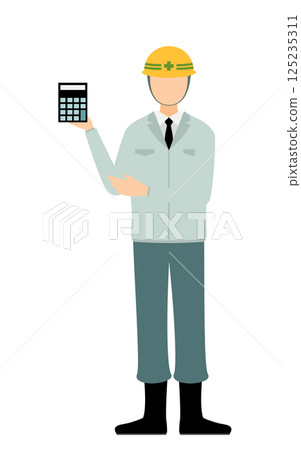 A simple illustration of a male site supervisor wearing a helmet giving an estimate 125235311