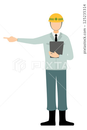 一個簡單的插圖，一位戴著頭盔的男性現場主管拿著剪貼板指向遠方 125235314
