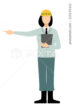 A simple illustration of a female site supervisor wearing a helmet holding a clipboard and pointing into the distance 125235322