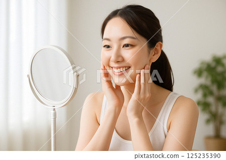 一位女士在美容後自我檢查自己的臉部線條 一位女士在美容後自我檢查自己的臉部線條 125235390