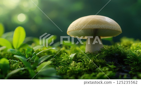 A mushroom is sitting on a patch of green moss 125235562