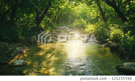 A stream of water with a bright sun shining on it 125235598