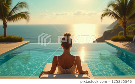 Woman relaxing by the pool - Stock Illustration [125235846] - PIXTA