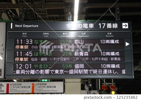 Departure board at Omiya Station on the Tohoku Shinkansen (special timetable following the train separation accident in March 2024) Departure board at Omiya Station on the Tohoku Shinkansen (special timetable following the train separation accident in March 2024) 125235862