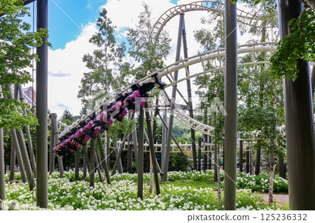 On a clear summer day, the suspended roller coaster Hurricane at Rusutsu Resort in Hokkaido On a clear summer day, the suspended roller coaster Hurricane at Rusutsu Resort in Hokkaido 125236332
