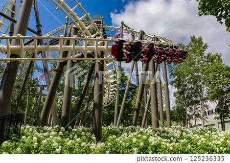 On a clear summer day, the suspended roller coaster Hurricane at Rusutsu Resort in Hokkaido On a clear summer day, the suspended roller coaster Hurricane at Rusutsu Resort in Hokkaido 125236335