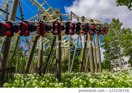 On a clear summer day, the suspended roller coaster Hurricane at Rusutsu Resort in Hokkaido 125236338