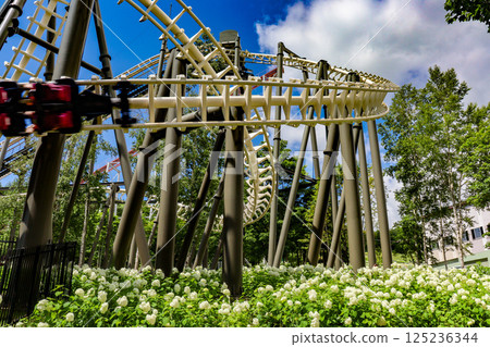 On a clear summer day, the suspended roller coaster Hurricane at Rusutsu Resort in Hokkaido 125236344