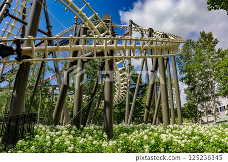 On a clear summer day, the suspended roller coaster Hurricane at Rusutsu Resort in Hokkaido 125236345