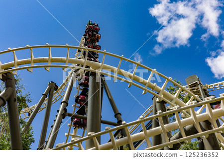 On a clear summer day, the suspended roller coaster Hurricane at Rusutsu Resort in Hokkaido On a clear summer day, the suspended roller coaster Hurricane at Rusutsu Resort in Hokkaido 125236352