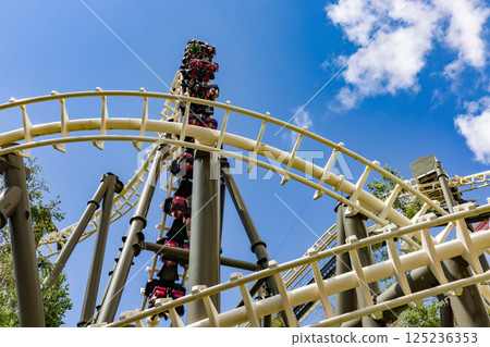 On a clear summer day, the suspended roller coaster Hurricane at Rusutsu Resort in Hokkaido 125236353